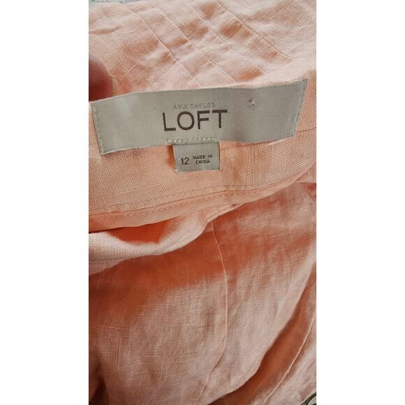 LOFT Pale Peach 100% Linen A-Line Pleated Zip Back Mini Lined Skirt sz 12 35 - Picture 2 of 3